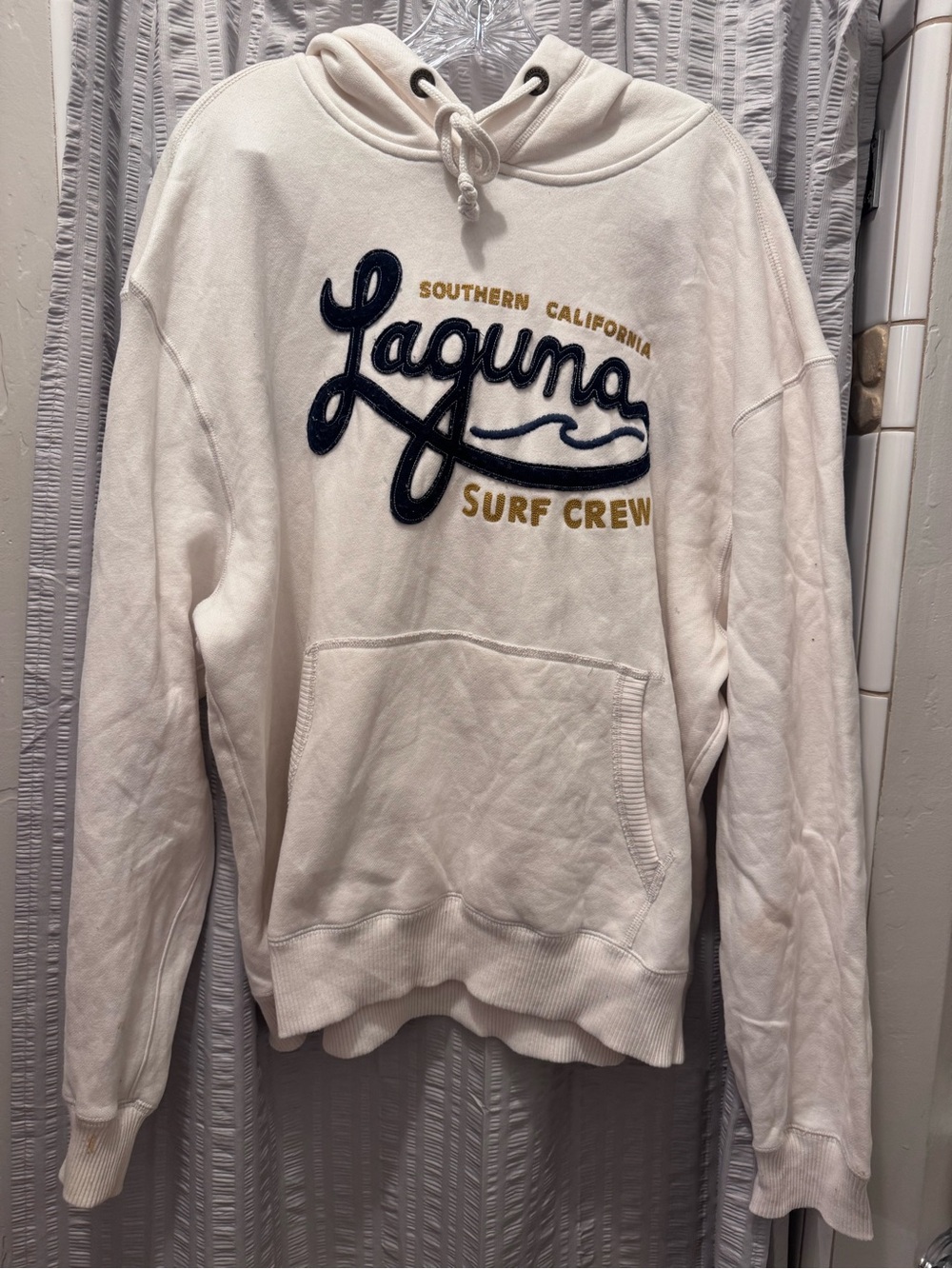 Hollister Men’s 2XL Laguna Surf Crew Hoodie Cream Navy Y2K California Pullover